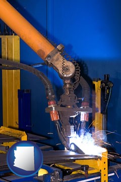 an industrial welding robot - with Arizona icon