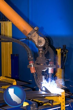 an industrial welding robot - with California icon