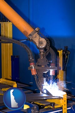 an industrial welding robot - with Delaware icon