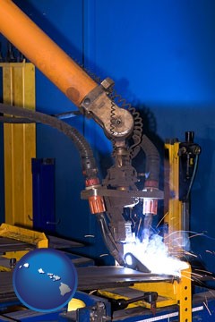 an industrial welding robot - with Hawaii icon