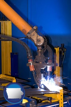 an industrial welding robot - with Iowa icon
