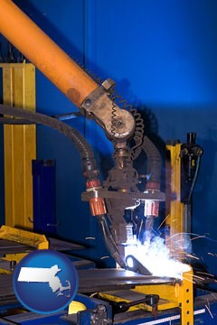 an industrial welding robot - with Massachusetts icon
