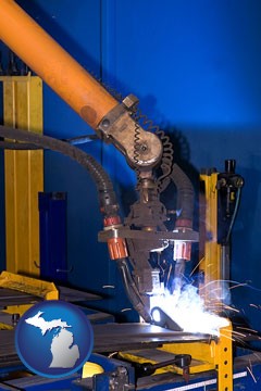 an industrial welding robot - with Michigan icon