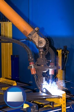 an industrial welding robot - with North Dakota icon