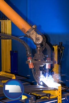 an industrial welding robot - with Nebraska icon