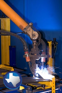 an industrial welding robot - with Texas icon
