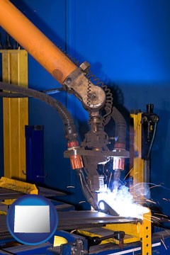 an industrial welding robot - with Wyoming icon